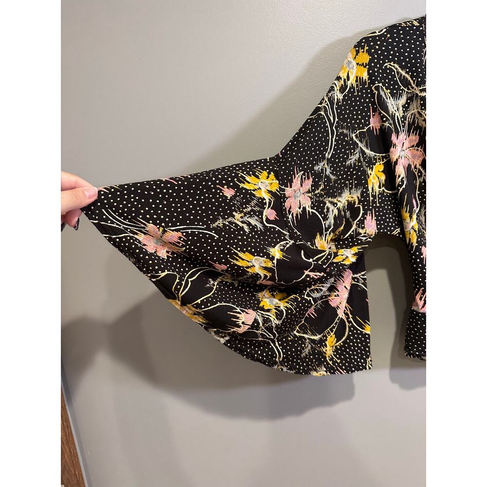 Free People Last Time Draped Bell Sleeve Top Small Black Floral Boho - Picture 3 of 12
